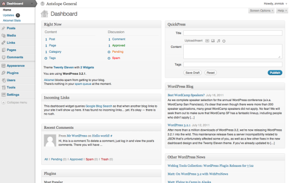 The WordPress Dashboard Dashboard about