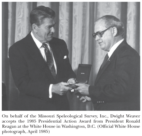 Image: On behalf of the Missouri Speleological Survey, Inc., Dwight Weaver accepts the 1985 Presidential Action Award from President Ronald Reagan at the White House in Washington, D.C. (Official White House photograph, April 1985)