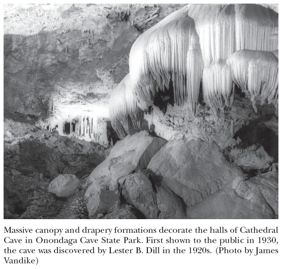 Image: Massive canopy and drapery formations decorate the halls of Cathedral Cave in Onondaga Cave State Park. First shown to the public in 1930, the cave was discovered by Lester B. Dill in the 1920s. (Photo by James Vandike)