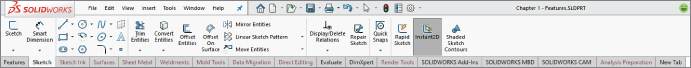 Snipped image of SolidWorks window displaying the Ribbon, with Instant2D toolbar highlighted, and Sketch tab selected.