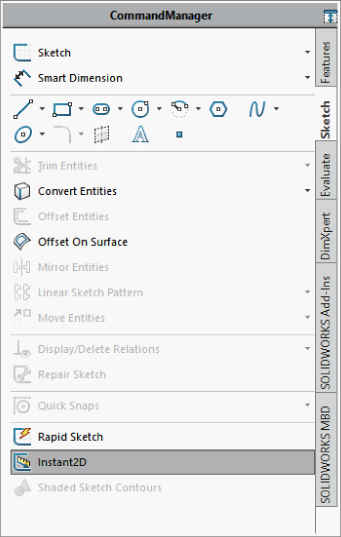 CommandManager dialog box with Sketch tab selected on the right portion displaying Instant2D highlighted.