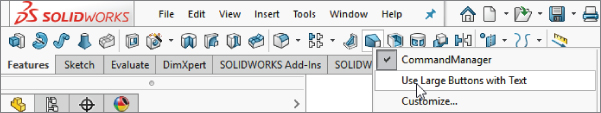 Snipped image of SolidWorks dialog box with Features tab selected. On the right is a checked box for Command manager with Use Large Buttons with Text button pointed by the arrowhead cursor.