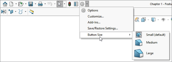 Snipped image of a window with Settings tool selected displaying a menu with the arrowhead cursor pointing at Button size, displaying another menu for Small (default), Medium, and Large.