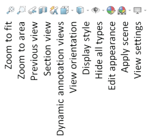 The Heads–up view toolbar displaying tools for zoom to fit, zoom to area, previous view, section view, dynamic annotation views, view orientation, display style, hide all types, edit appearance, apply scene, etc.