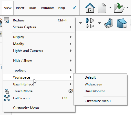 Snipped image of a window with View tab selected displaying a menu for Screen capture, Display, Modify, Lights and Cameras, etc. with the arrowhead pointing at Workspace.