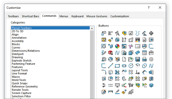 Snipped image of Customize dialog box with Commands tab highlighted displaying 2 sections for Categories and Buttons. Flyout Toolbars under Categories is highlighted.