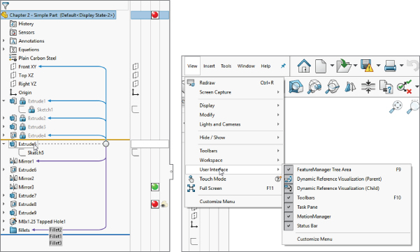 Left: Snipped image of a window with arrows pointing to Extrude 1, Sketch1, Extrude2, etc. Right: Snipped image of a window with View tab selected displaying a menu, with user Interface selected.