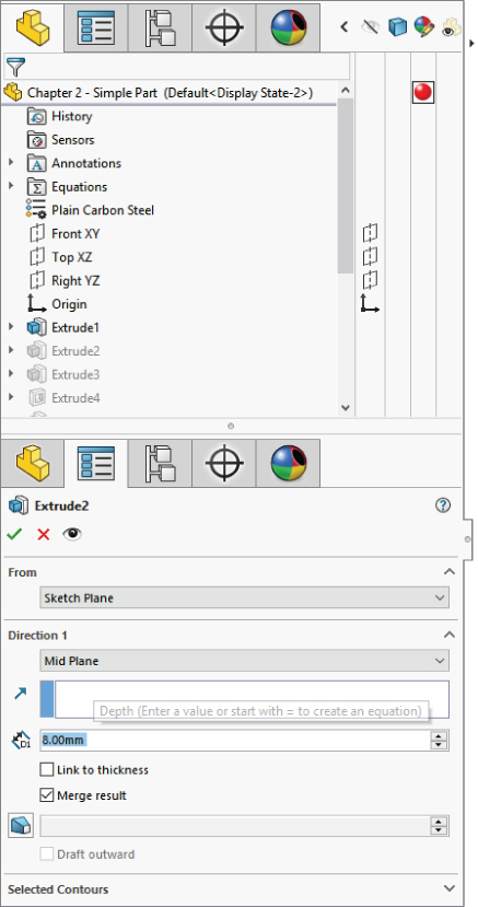 Snipped image of a Split FeatureManager with Chapter 2–Simple part (Default<Display State–2>) selected above, and another one selected below, with a dropdown bar for From labeled Sketch Plane.