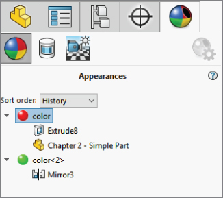 Snipped image of the Display Manager with Appearances selected displaying a dropdown bar for Sort order labeled History, color with elements Extrude8 and Chapter2–Simple Part, and color<2> with element Mirror3.