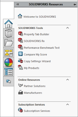 Snipped image of a menu displaying Home tab selected, with SOLIDWORKS Resources tab highlighted on top with a pin icon. There are 3 sections for SOLIDWORKS Tools, Online Resources, and Subscription Services.