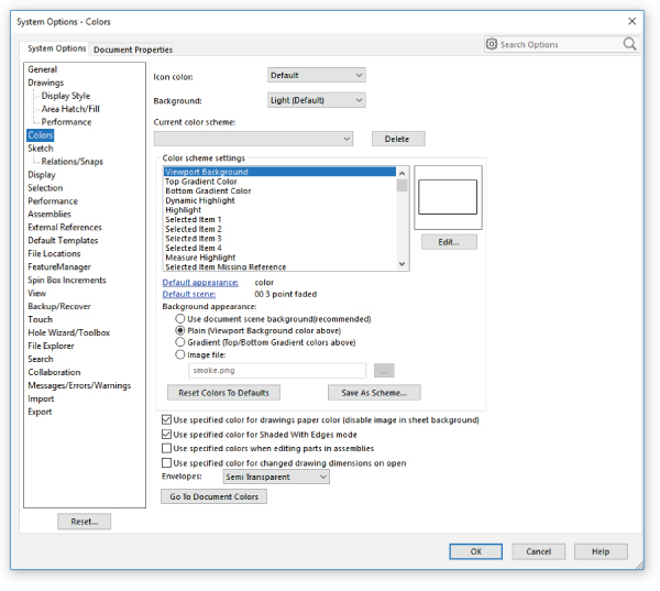 System Options–Colors window with System options tab selected displaying Colors under General, and Viewport background under Color scheme settings, highlighted. Plain under Background appearance is selected.