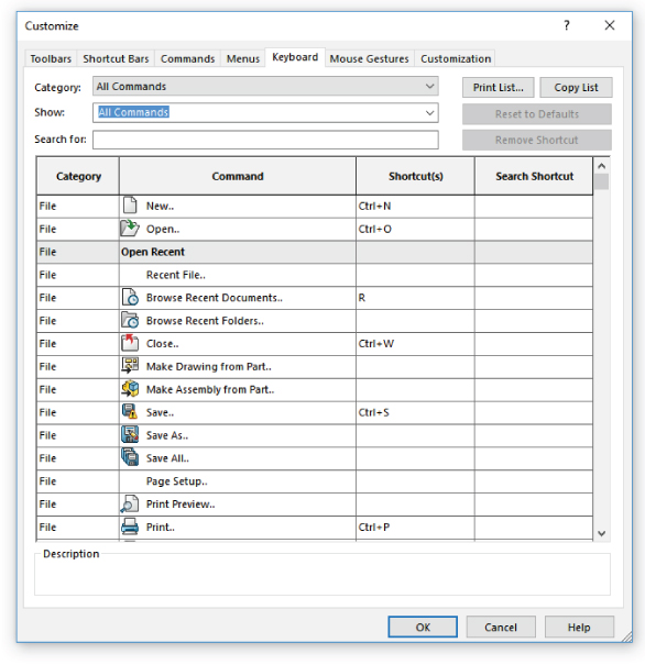 Customize dialog box with Keyboard tab selected, displaying All Commands under Category and Show selected. Below is a table with 4 columns for Category, Command, Shortcut(s), and Search Shortcut.