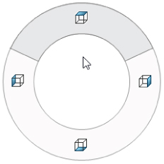 Schematic illustrating the mouse–gestures interface, with an arrowhead in the middle of a ring shape divided into 2 areas plotted with small 3D cubes, one on the shaded area and 3 on the unshaded area.