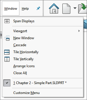 Snipped image of a menu with Window tab selected displaying Alt keys such as Span displays, Viewpoint, New window, Cascade, Tile horizontally, Tile vertically, Arrange icons, Customize menu, etc.