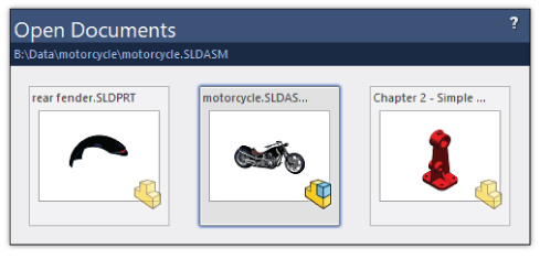 Open Documents dialog box displaying 3 boxes with images for rear fender.SLDPRT (left), motorcycle.SLDAS… (middle), and Chapter 2 – Simple… (right).