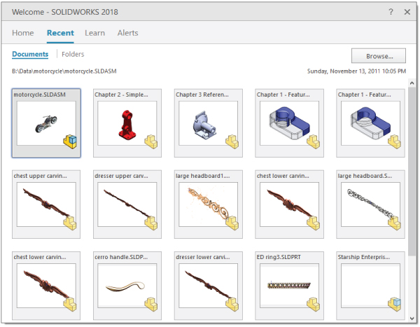 Welcome–SOLIDWORKS 2018 with Recent tab selected displaying Documents such as motorcycle.SLDASM (highlighted), chest upper carvin…, dresser upper carv…, chest lower carvin…, and ED ring3.SLDPRT.