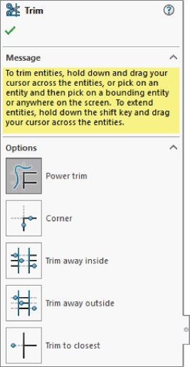 Trim interface dialog box displaying a message “To trim entities, hold down…”, with a section for Options below enlisting Power trim, Corner, Trim away inside, Trim away outside, and Trim to closet.