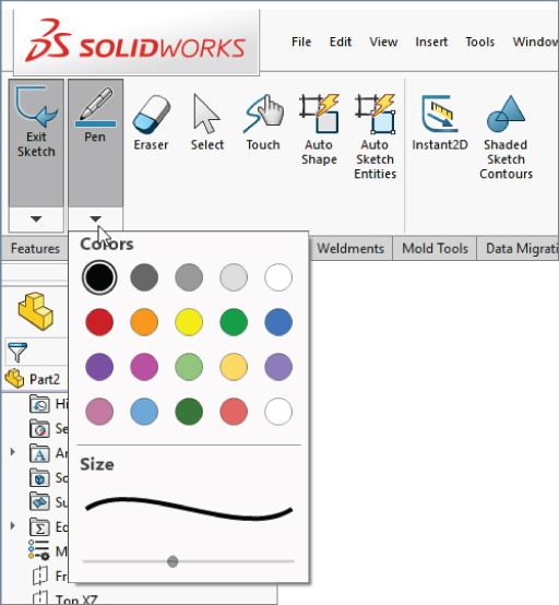 Snipped image of the Sketch Ink tab of the CommandManager, displaying Exit Sketch highlighted and Pen also highlighted and pointed by an arrowhead featuring 2 options for Colors and Size.