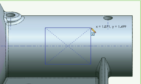 3D Schematic of a cylindrical shape plotted with a rectangle outline with label x = 1.871, y = 1.499.