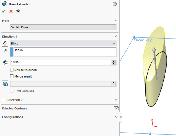 Boss–Extrude3 PropertyManager with panels labeled From (Sketch Plane), Direction 1 (Top XZ and 0.840in), Direction 2, Selected Contours, and Configurations. At the right is an extruding 3D sketch.