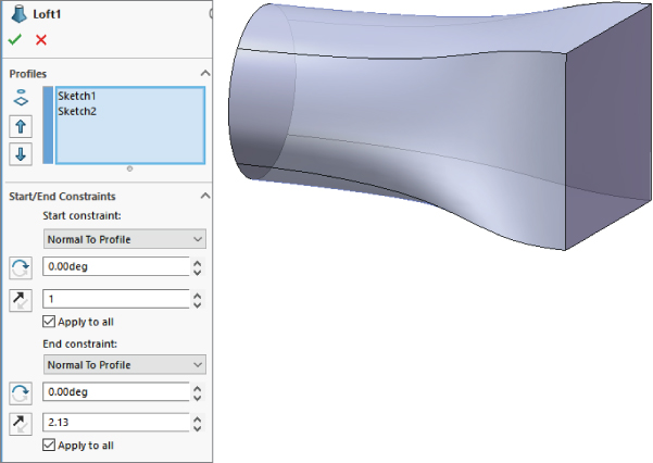 Loft1 PropertyManager displaying panels labeled Profiles with Sketch1 and Sketch2 and Start/End Constraints from Normal to Profile of 0.00deg and 1 for Start and 2.13 for End. At the right is the loft's shape.