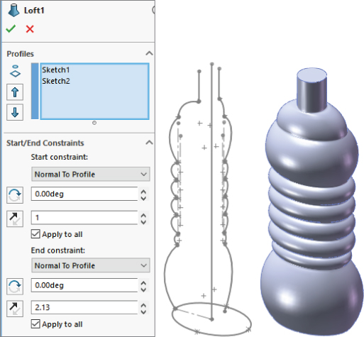 Left–right: Loft1 PropertyManager with panels labeled Profiles and Start/End Constraints, line drawing of an oval with a straight line and guide curves, and a 3D sketch of the line drawing.