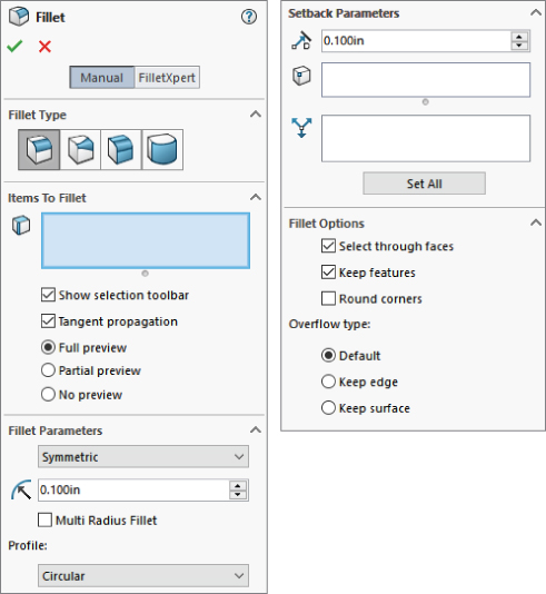 Fillet PropertyManager with panels labeled Fillet Type, Items to Fillet (Full preview radio button), Fillet Parameters (Symmetric and 0.100in), Setback Parameters (0.100in), and Fillet Options.