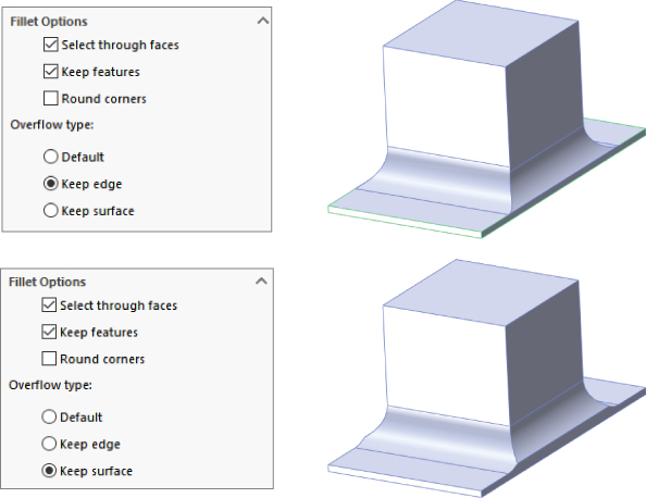 2 Fillet Options panel with checked boxes labeled Select through faces and Keep features and radio buttons labeled keep edge (top) and keep source (bottom) with its corresponding 3D sketch at the right.