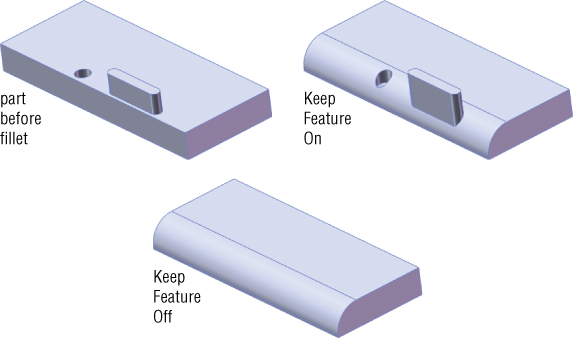 Three 3D sketches depicting part before fillet (top left), keep feature on (top right), and keep feature off (bottom).