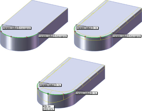 Three variable–radius fillet with callouts for 2 variable radiuses labeled Unassigned (top left), 2 variable radiuses labeled 0.1in and unassigned (top right), and 2 variable radiuses labeled 0.1in (bottom).