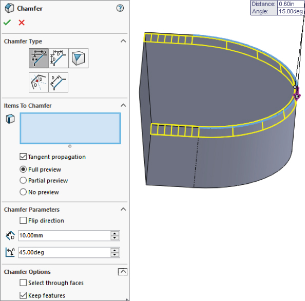 Chamfer PropertyManager with panels labeled Chamfer Type, Items To Chamfer, Chamfer Parameters, and Chamfer Options. At the right is a 3D sketch with a callout labeled Distance: 0.60in and Angle: 15.00deg.