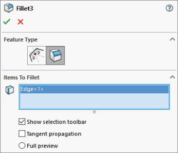 Fillet3 PropertyManager displaying panels labeled Feature Type and Items To Fillet. The latter panel has a field labeled Edge<1> and a checked box labeled Show selection toolbar.