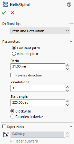 The Helix/Spiral PropertyManager with panels labeled Defined by (Pitch and Revolution), Parameters (Constant pitch, Pitch: 31.00mm, Revolutions: 1, and Start angle: 225.00deg), and Taper Helix.