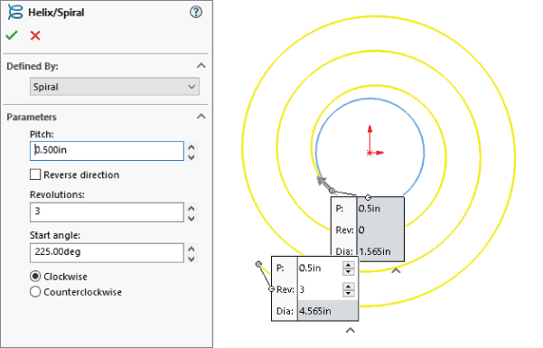 Helix/Spiral PropertyManager with panels labeled Defined by (Spiral) and Parameters (Pitch: 0.500in, Revolutions: 3, and Start angle: 225.00deg). At the right is a spiral with 2 callouts with labels.