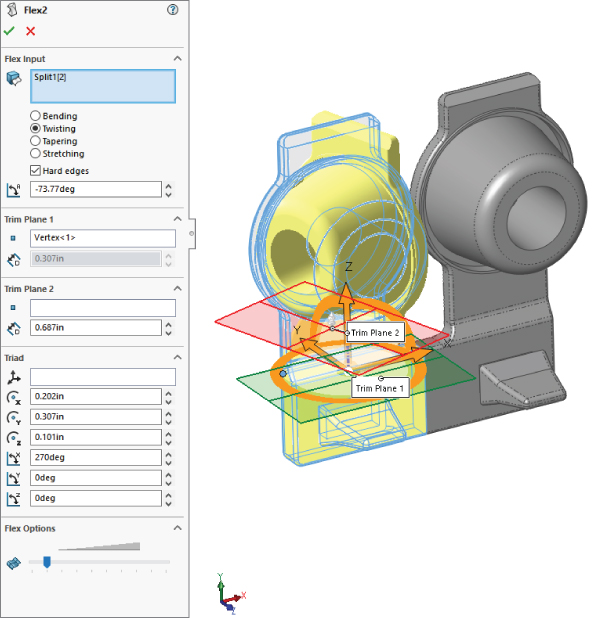 Flex dialog box displaying flex input having text box labeled Split1[2], twisting for selected radio button, and other details for Trim Plane 1, 2, Triad, Flex Options, with illustration of flex feature output on the right.