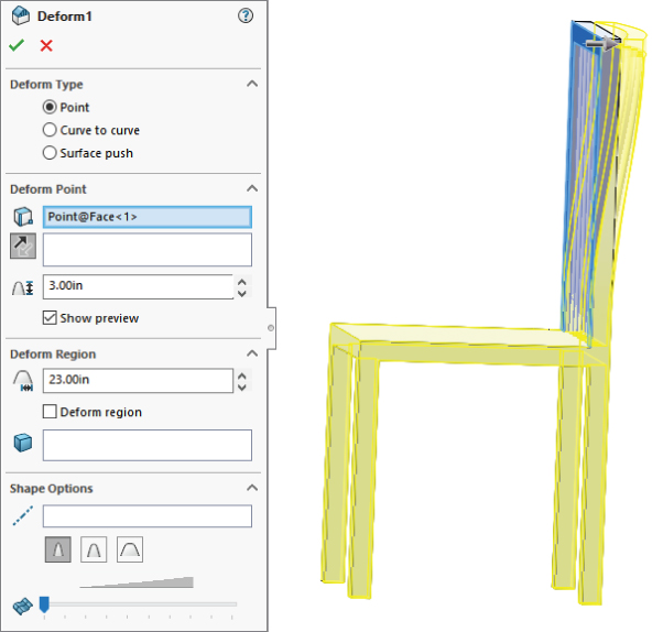 Deform1 dialog box displaying selected radio button labeled Point for deform type, text boxes labeled Point@Face<1> and 3.00in for deform point, etc., with a corresponding 3D illustration of a chair on the right.