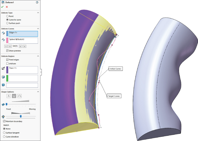 Deform1 dialog box displaying selected radio button Curve to curve for deform type, text boxes labeled Edge <1> and Spline1@Sketch3 for deform curves, etc., with 3D illustration of 2 split curves on the right.