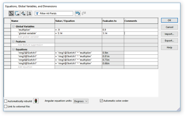 Equation Interface displaying 4 column tables with headings labeled Name, Value/Equation, etc. The expanded list for Global Variables displays “multiplier” and “global variable” rows with corresponding values.