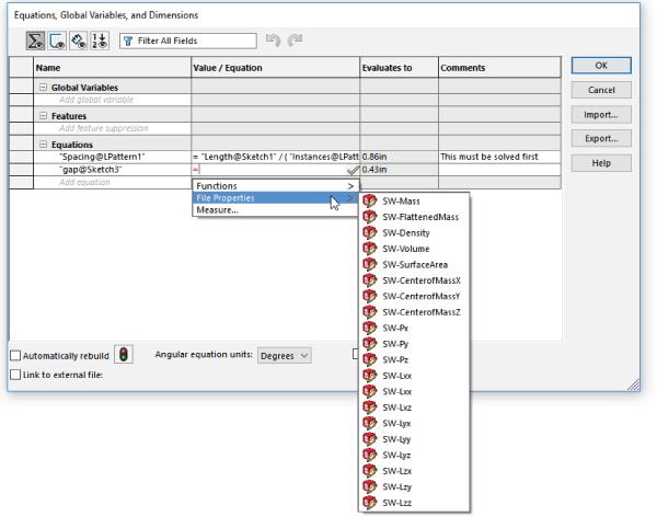 Equation Interface displaying 4 column tables with headings labeled Name, Value/Equation, Evaluates to, and Comments. The expanded list for Equations displays a flyout menu for File Properties under Value column.