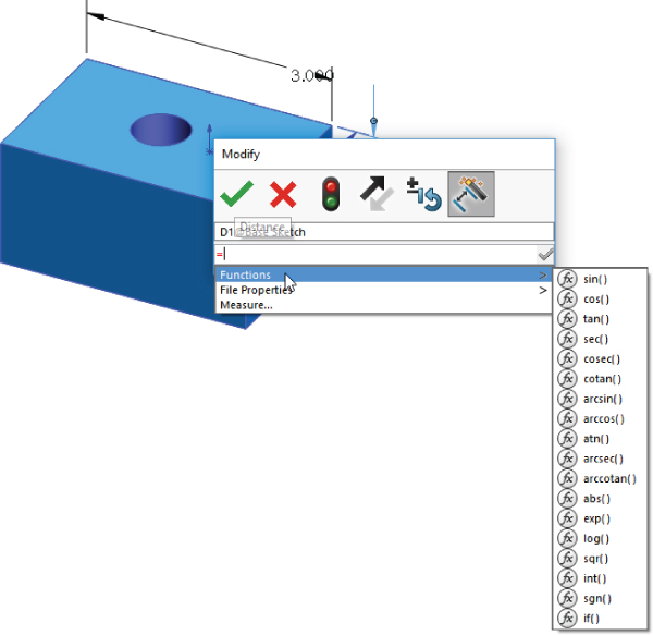 3D structure of a box (left) with a hole in the middle and Modify dialog box displaying toolbar with a value box labeled = having flyout menu on the drop down for Functions (right).