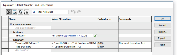 Equations dialog box displaying a table with If values for Features and Equations expanded row. On the right are 5 vertically aligned command buttons labeled OK, Cancel, Import, Export, and Help (top to bottom).