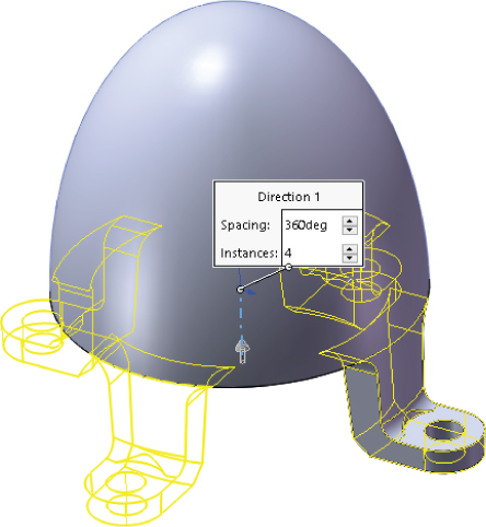 3D displaying half of an oval shape structure with a box titled Direction 1 having 2 spinner controls labeled 360deg for Spacing and 4 for Instances.