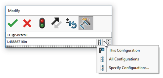 Modify dialog box displaying text boxes labeled D1@Sketch and 1.488867in on the box with a drop down arrow on the right revealing the options This Configuration, All Configurations, and Specify Configurations.