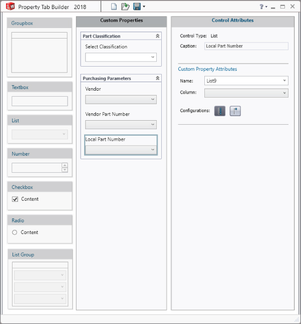 Property Tab Builder with left panel displaying blank text boxes and drop–down boxes for groupbox, list, etc.; Custom Properties on the middle panel; and Control Attributes panel on the right with 2 configurations button.