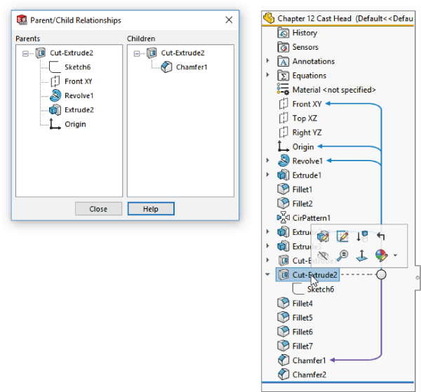 Left: Parent/Child Relationships dialog box displaying 2 panels for Parents (left) and Child (right). Right: Chapter 12 Cast Head dialog box displaying condensed folders with arrows from Cut–Extrude2 option.