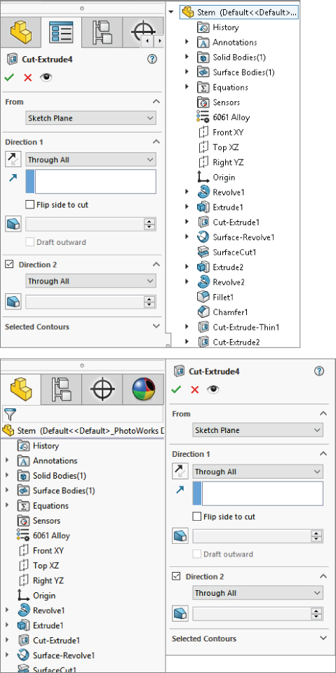 2 Dialog boxes both displaying the flyout FeatureManager with the detachable PropertyManager. The top dialog box displays the tree on the right side, while the bottom displays the tree on the left side of the dialog box.