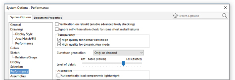 System Options–Performance dialog box with the system options tab displaying the highlighted Performance option on navigation tree and the display pane revealing checkboxes for Verification on rebuild, Ignore…, etc.