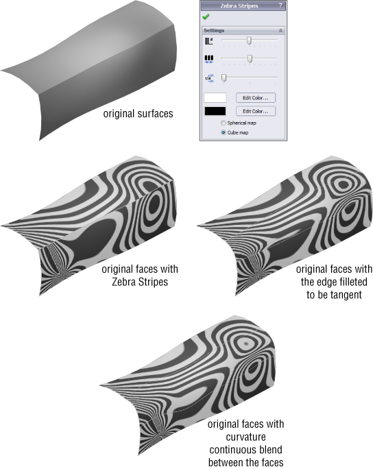 Zebra Stripes dialog box setting with 3 adjustable buttons, 2 command buttons, selected radio button for Cube map with four different 3D illustrations labeled original surfaces, original faces with Zebra stripes, etc.