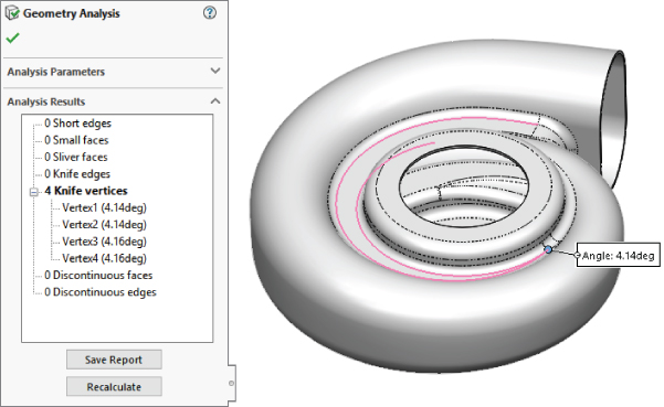 Geometry Analysis dialog box displaying expanded list for Analysis Results with 2 command buttons labeled Save Report and Recalculate at the bottom. On the right is a 3D structure of a snail shell shape.