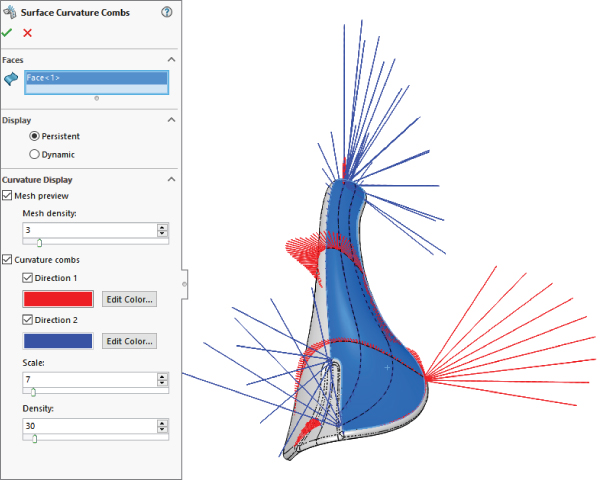 Surface Curvature Combs dialog box with text boxes labeled Face <1> for Faces, selected radio button labeled Persistent for Display, etc., with a corresponding 3D structure of a shape with surface curvature combs.